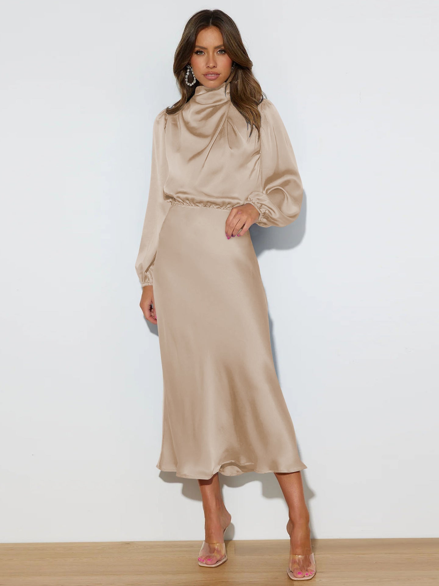 Sylvia™– High Neck Satin Midi Dress
