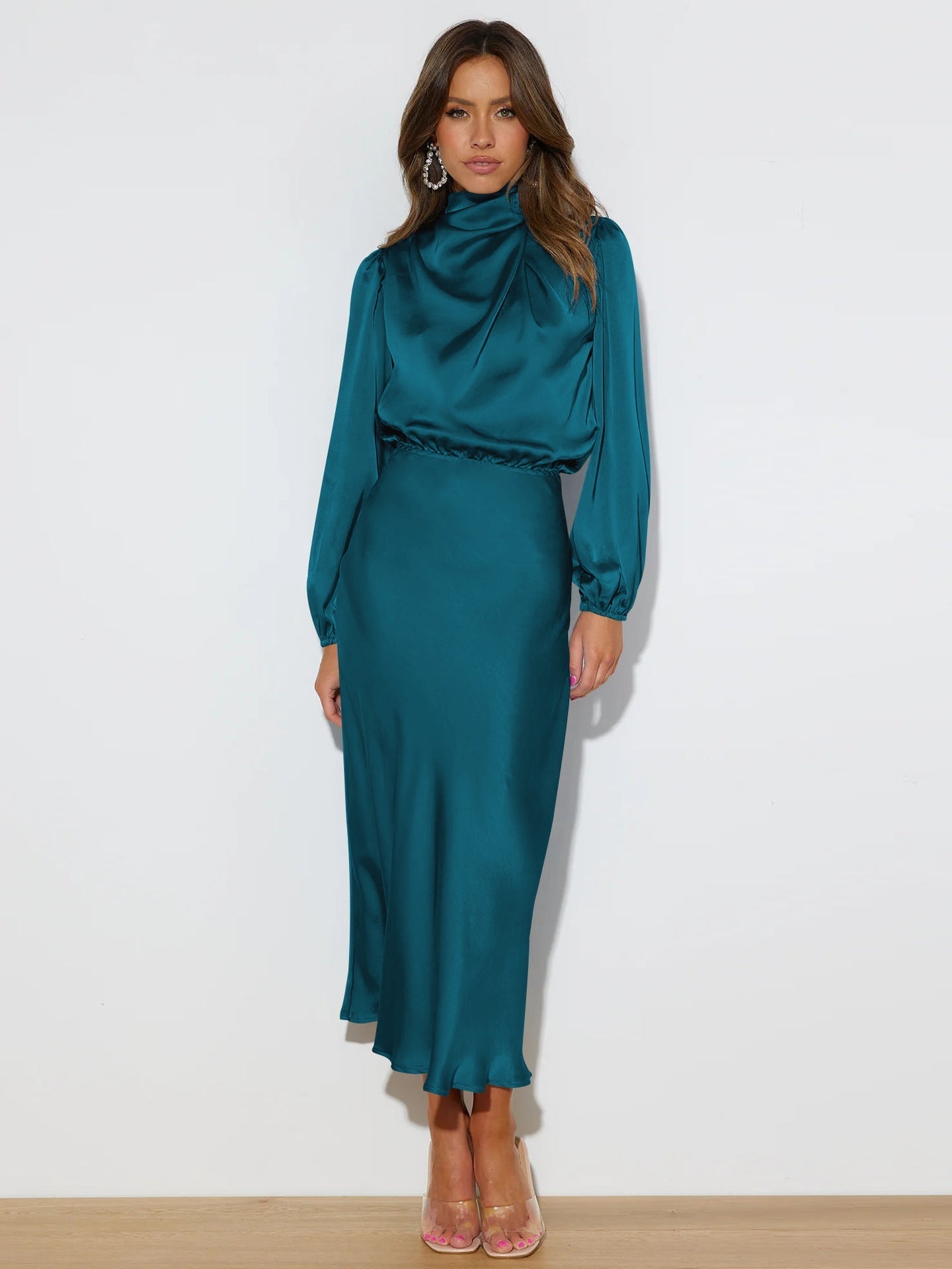Sylvia™– High Neck Satin Midi Dress