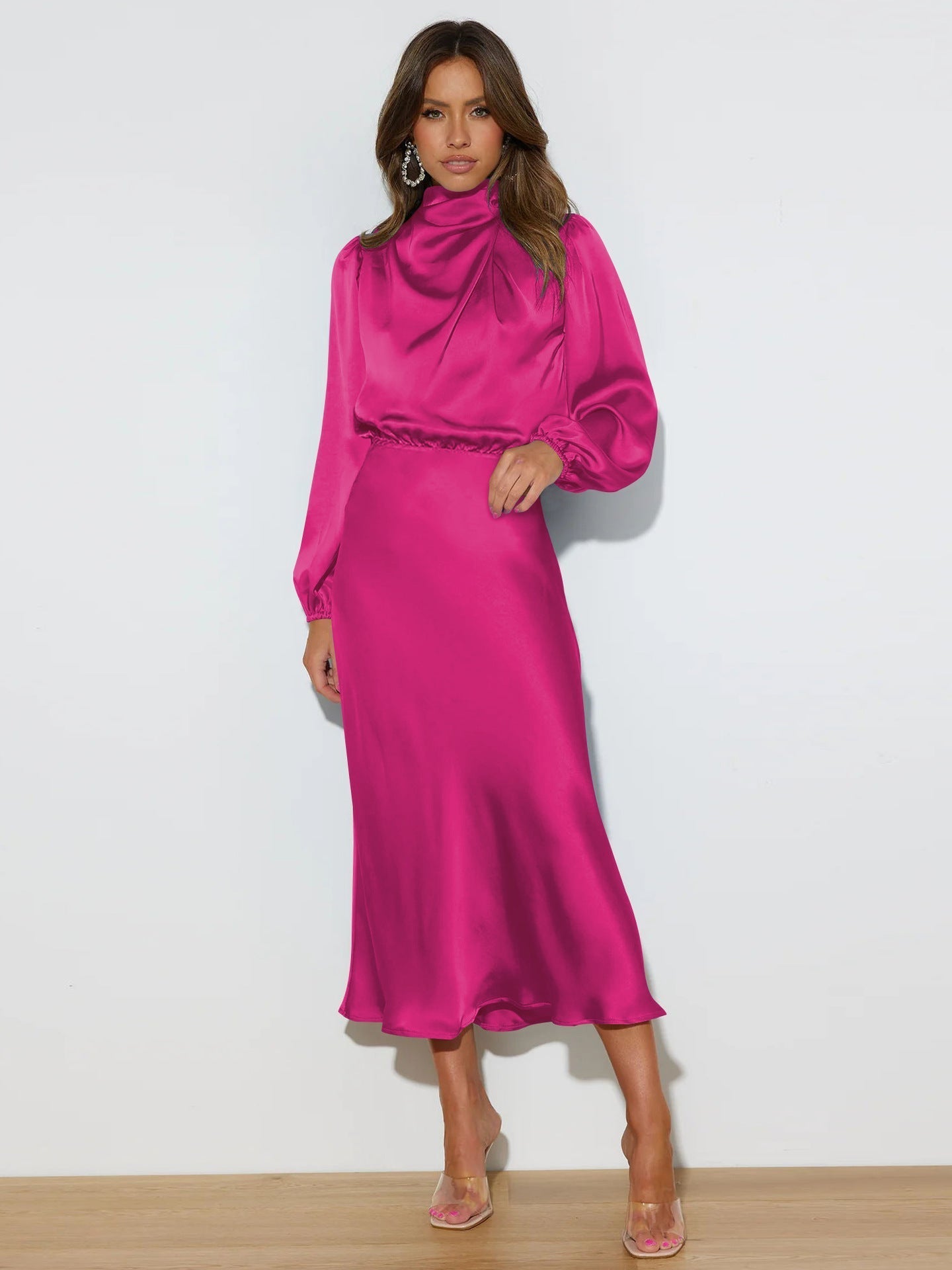 Sylvia™– High Neck Satin Midi Dress