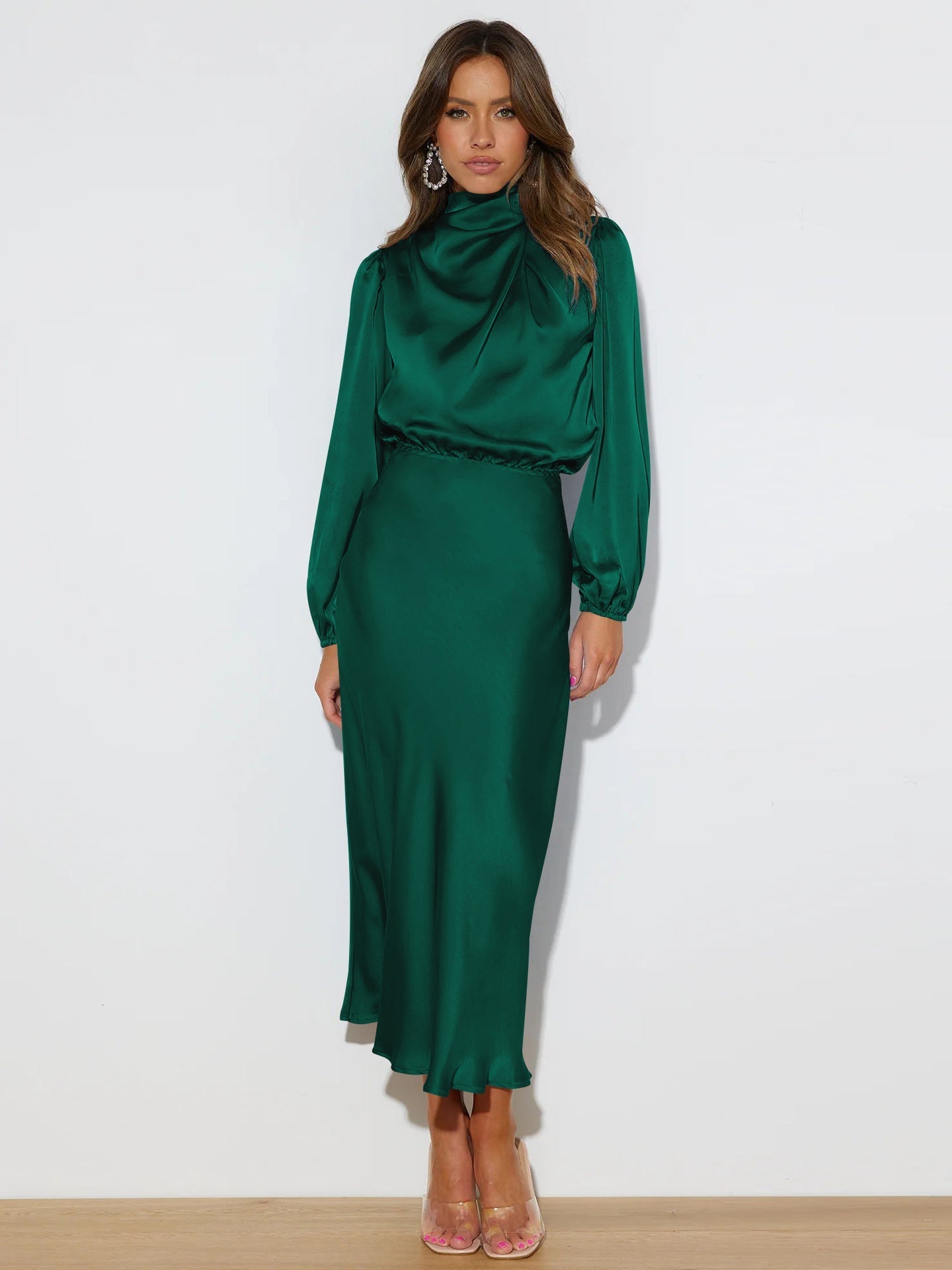 Sylvia™– High Neck Satin Midi Dress