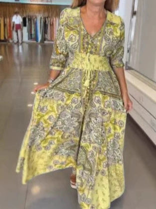 Sylvia™ – Statement Boho Patchwork Button Maxi Dress