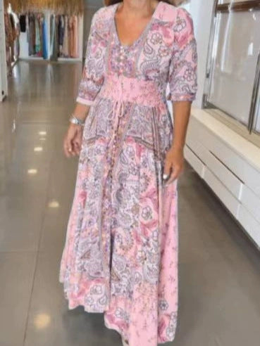 Sylvia™ – Statement Boho Patchwork Button Maxi Dress