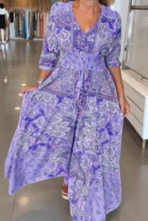 Sylvia™ – Statement Boho Patchwork Button Maxi Dress