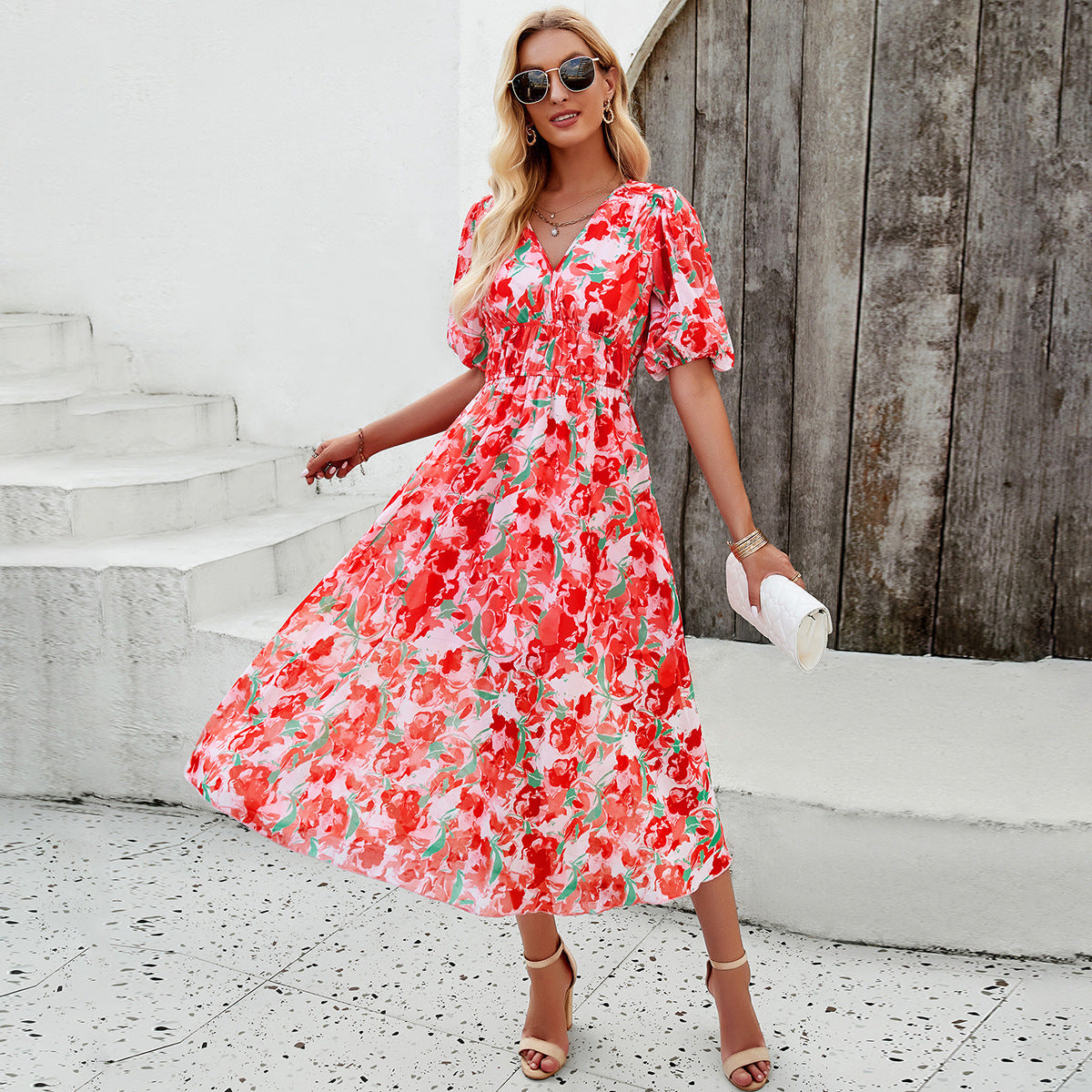 Sylvia™ – Floral Puff Sleeve Midi Dress