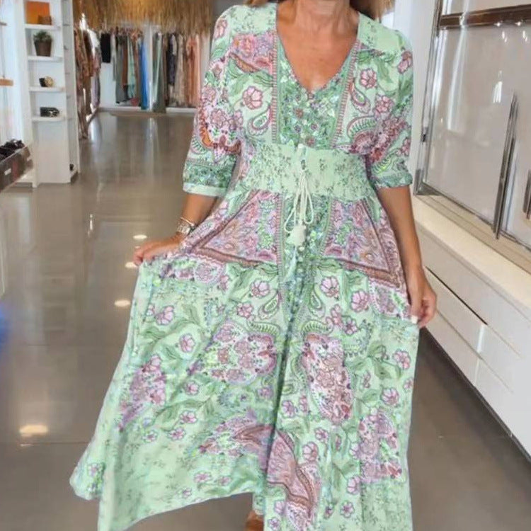 Sylvia™ – Statement Boho Patchwork Button Maxi Dress
