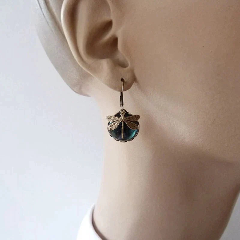 Sylvia™ - Spherical Dragonfly Earrings in Antique Gold
