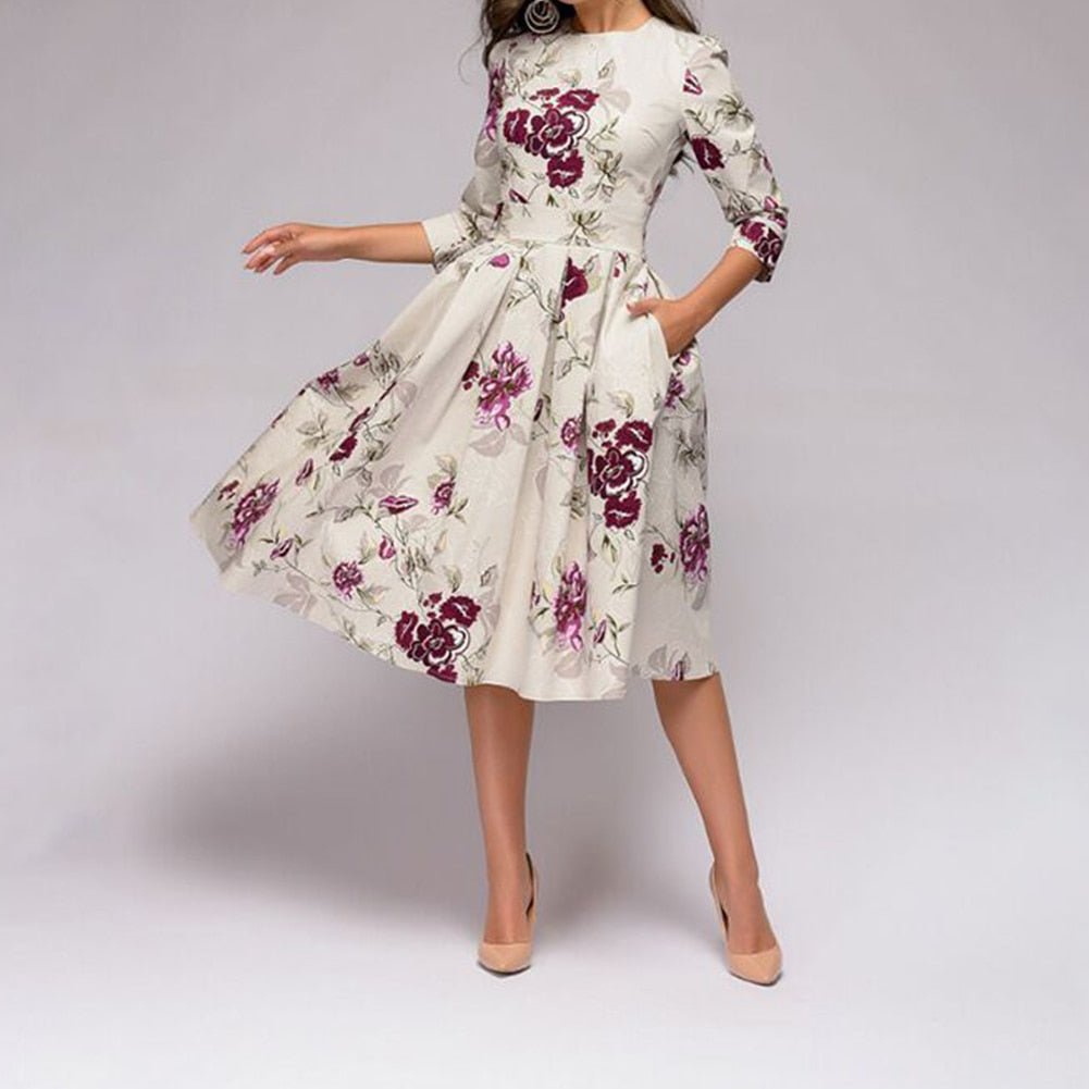 Sylvia™ – Elegant Midi Dress with Floral Pattern Design