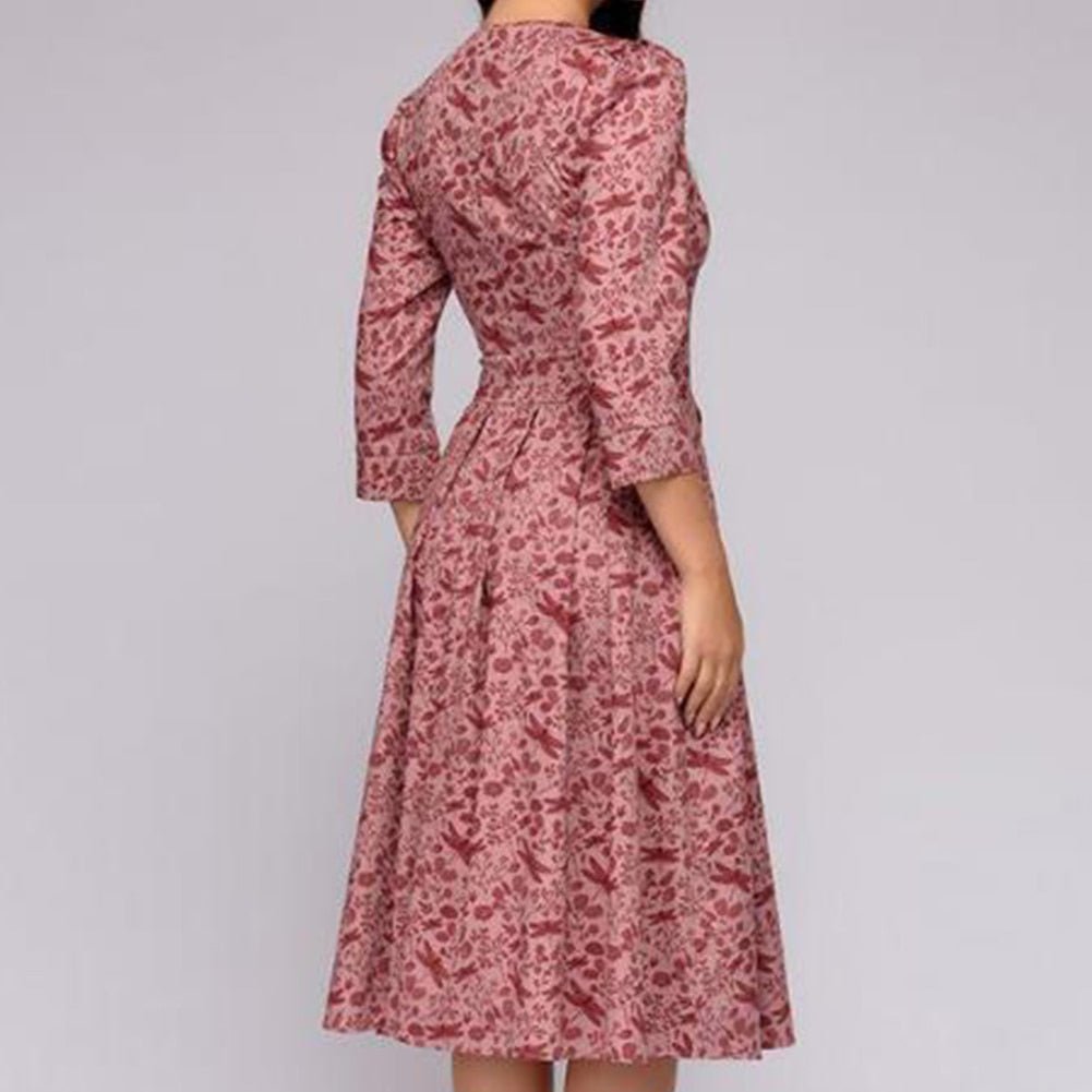 Sylvia™ – Elegant Midi Dress with Floral Pattern Design