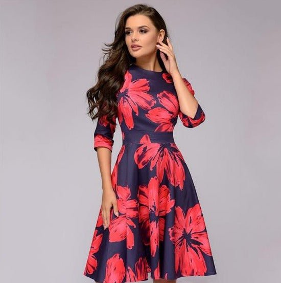 Sylvia™ – Elegant Midi Dress with Floral Pattern Design