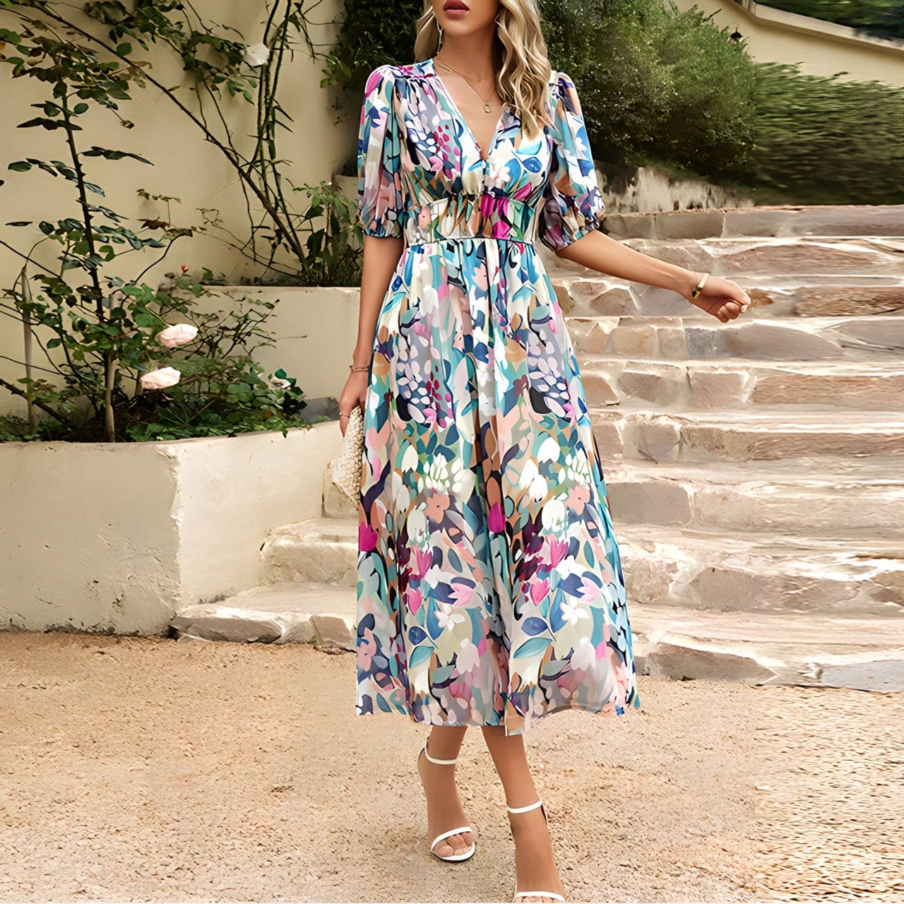 Sylvia™ – Puff Sleeve Floral Midi Dress