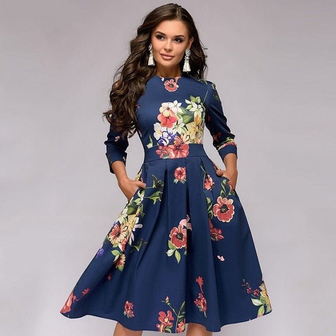 Sylvia™ – Elegant Midi Dress with Floral Pattern Design