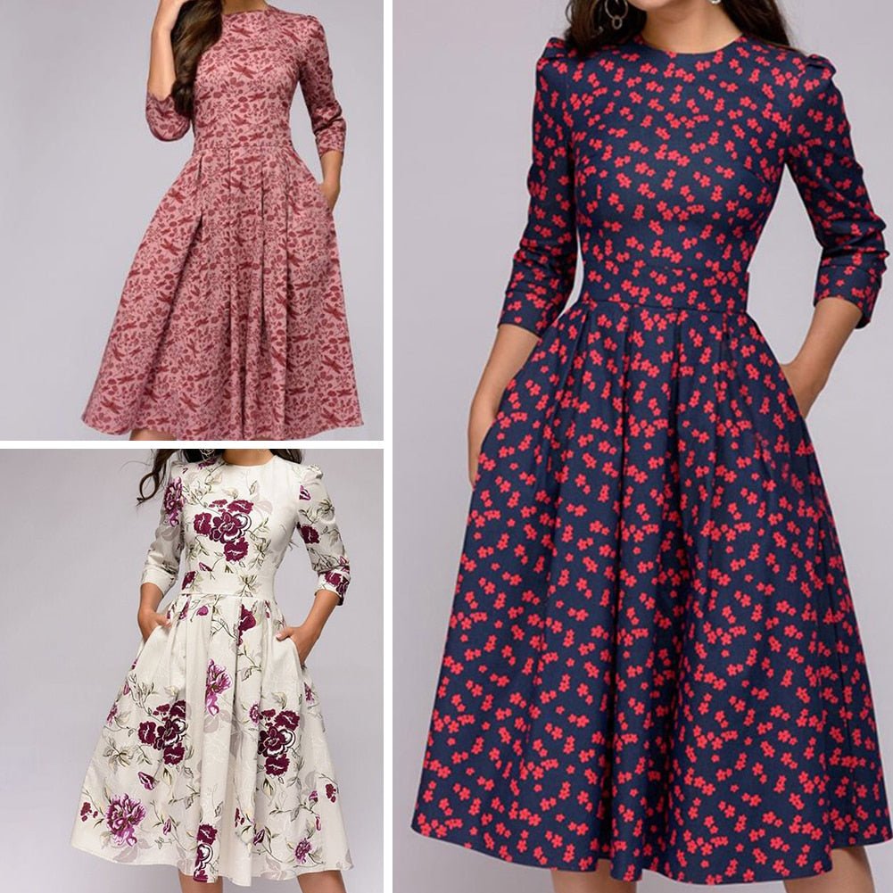 Sylvia™ – Elegant Midi Dress with Floral Pattern Design