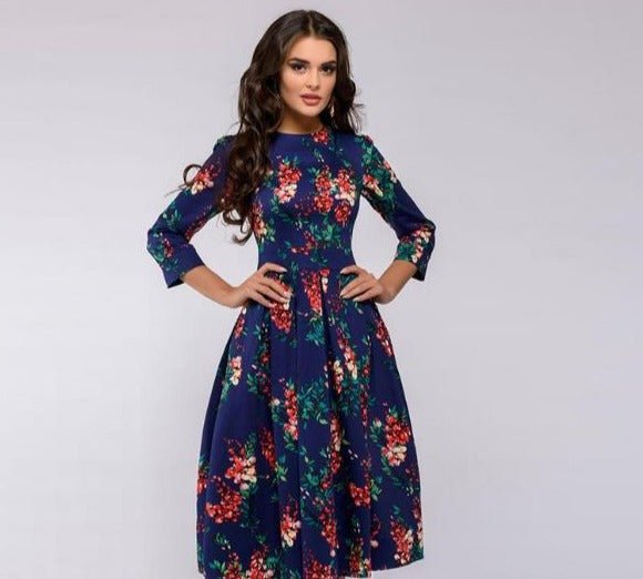 Sylvia™ – Elegant Midi Dress with Floral Pattern Design