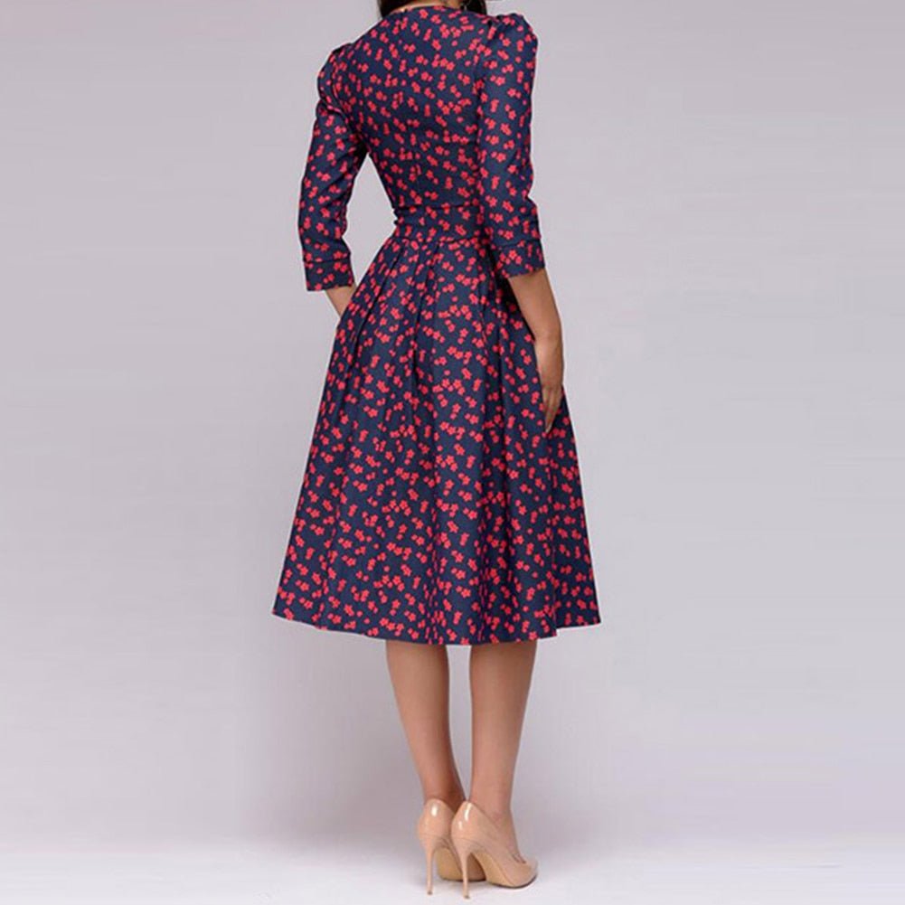 Sylvia™ – Elegant Midi Dress with Floral Pattern Design