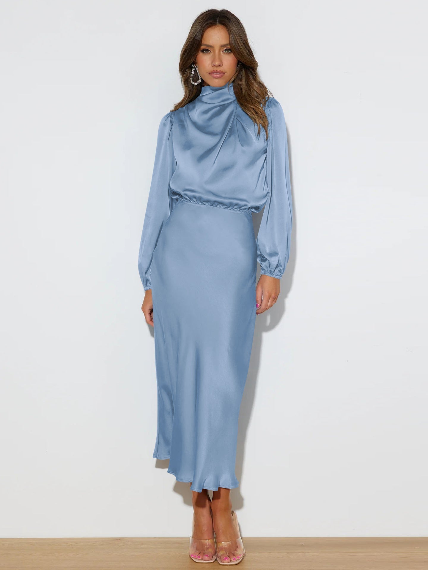 Sylvia™– High Neck Satin Midi Dress