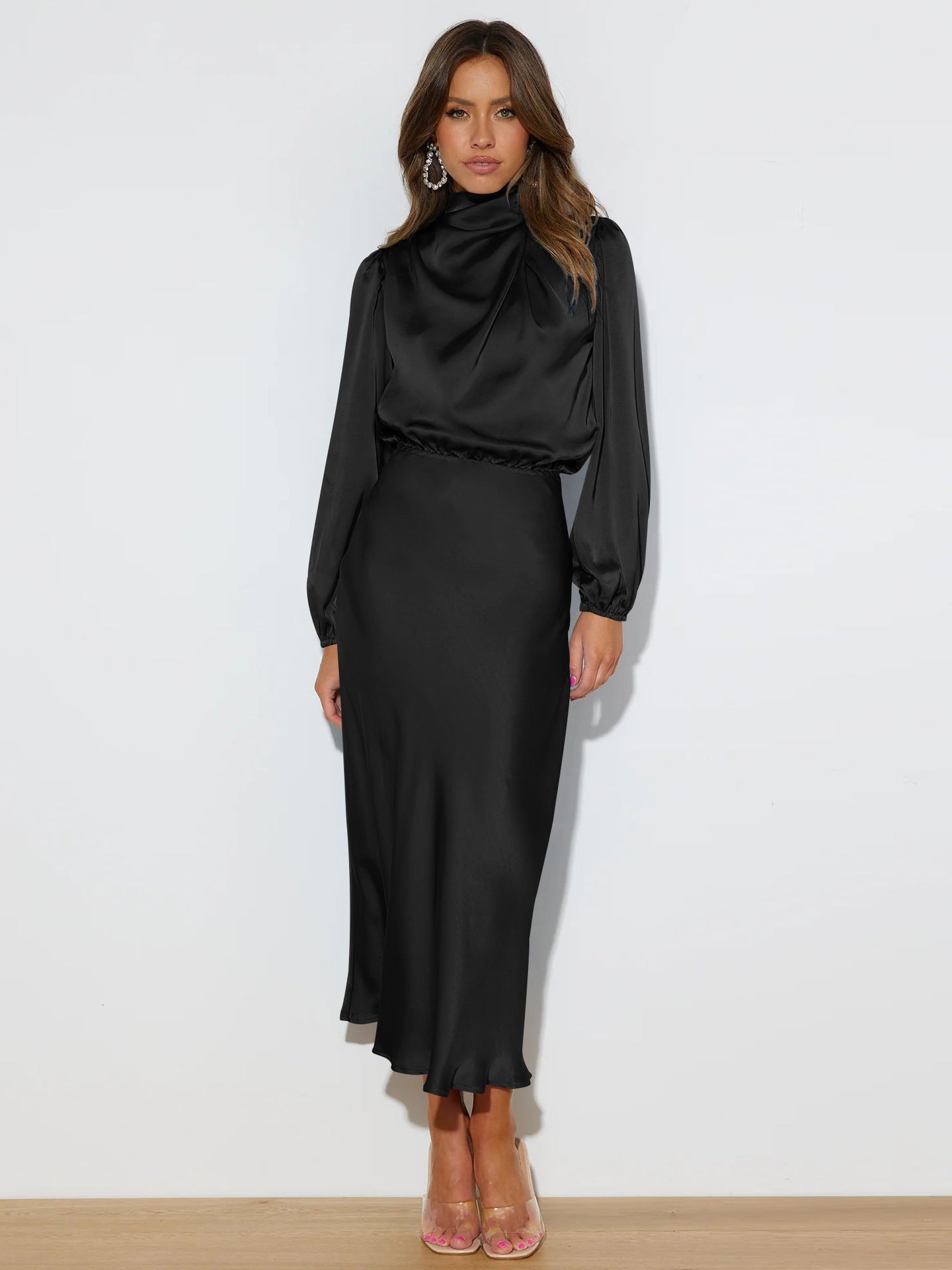 Sylvia™– High Neck Satin Midi Dress