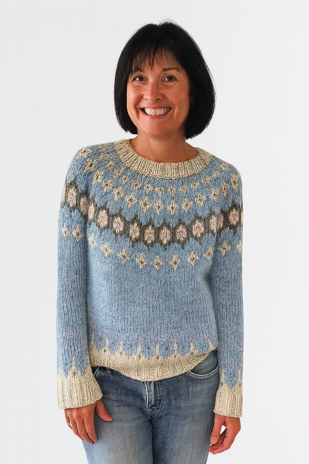 Sylvia™ | Soft Blue Icelandic Diamond Knit Sweater