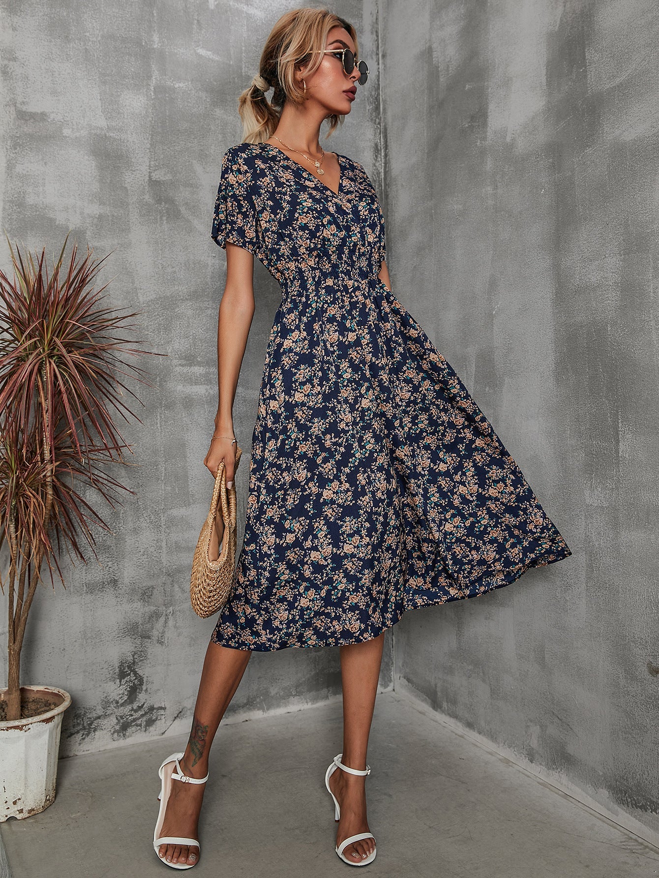 Sylvia™ – Printed Beauty V-Neck Midi Dress