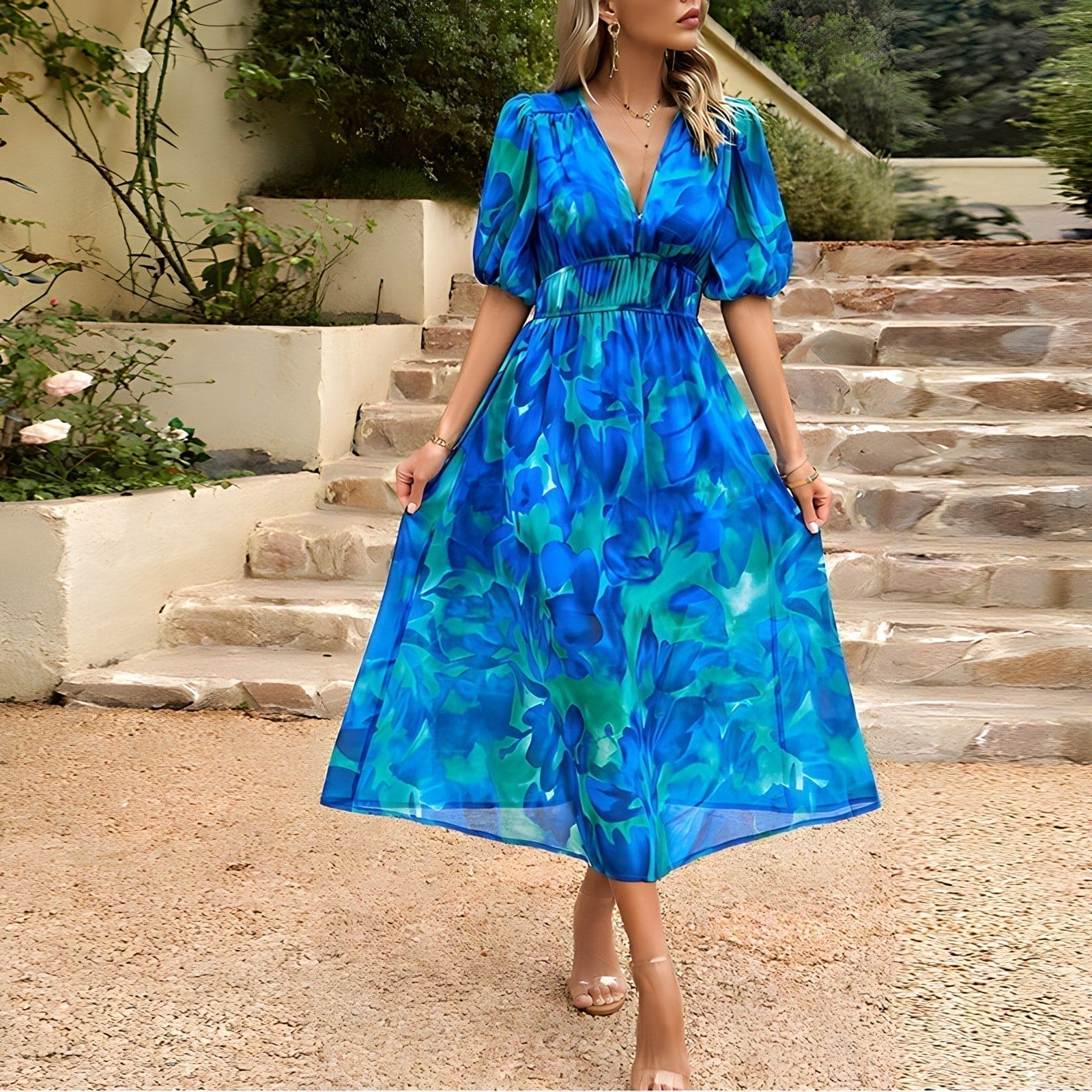 Sylvia™ – Puff Sleeve Floral Midi Dress