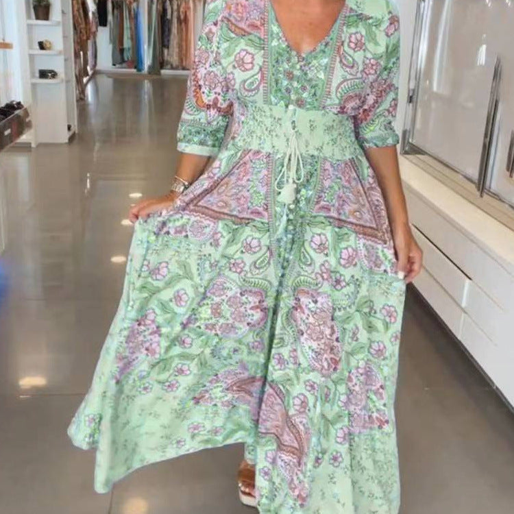 Sylvia™ – Statement Boho Patchwork Button Maxi Dress