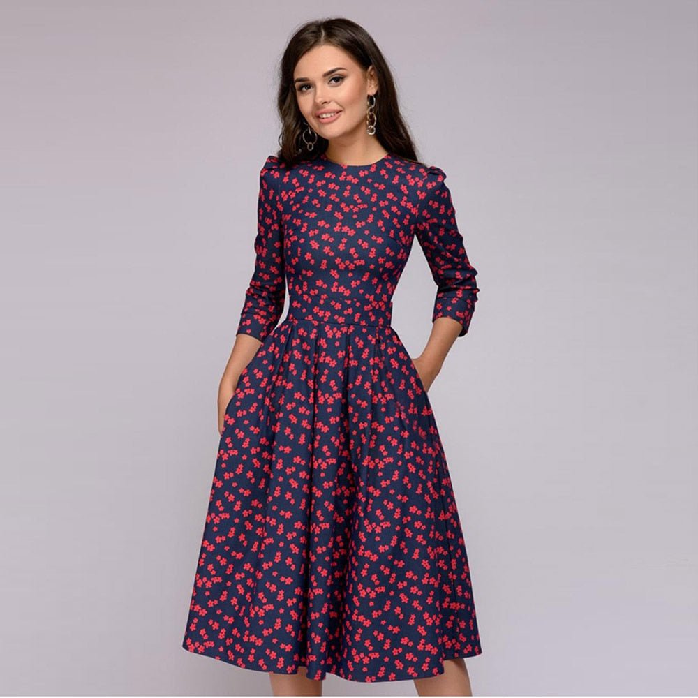 Sylvia™ – Elegant Midi Dress with Floral Pattern Design