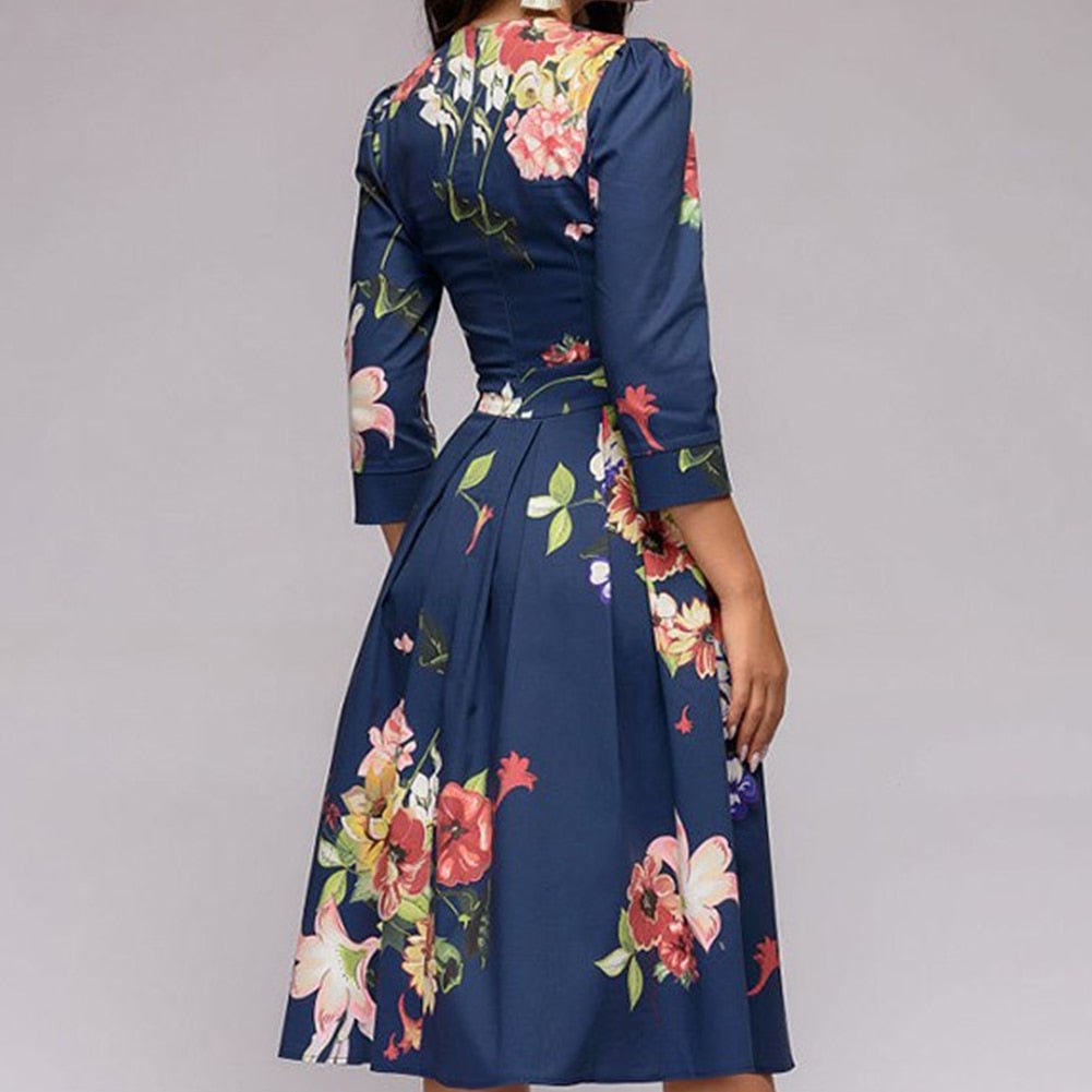 Sylvia™ – Elegant Midi Dress with Floral Pattern Design